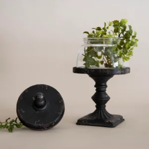 Glass Jar with Black Distressed Metal Vintage Finial Stand