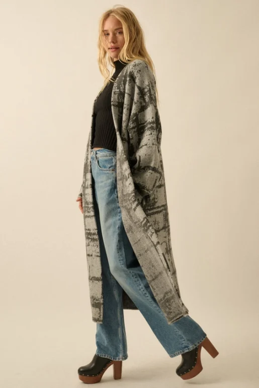 Geometric Jacquard-Knit Duster Cardigan - Image 9