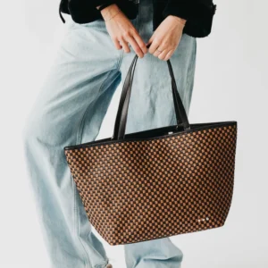Woven Tiffany Organizer Tote Bag | Checkered Coffee