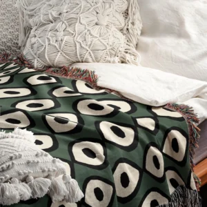 Bohemian 1970s Green Eyes Pattern Woven Cotton Throw