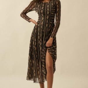 Floral Mesh Drop-Waist Long-Sleeve Midi Dress