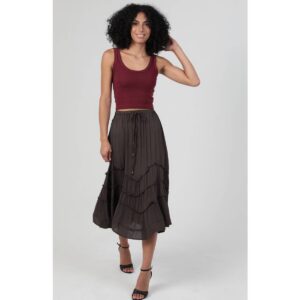 Brown Tie Waist Wavy Ruffle Maxi Skirt