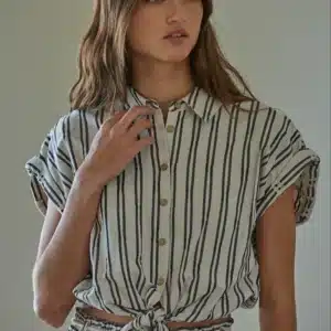 Striped Button-Down Collar Neck Waist Tie Top