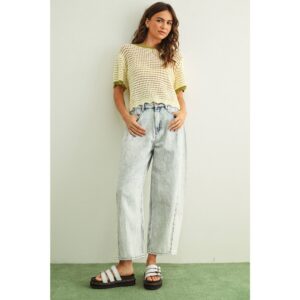 Color and Fabric Combination Barrel Denim Pants