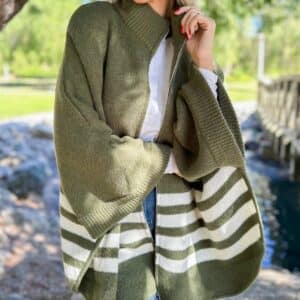 Olive Stripe Border Printed Zip-Up Cardigan | O/S